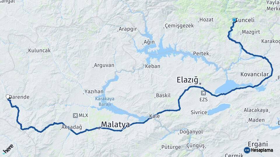 Tunceli Darende Malatya Arası Kaç Km - Yol Haritası