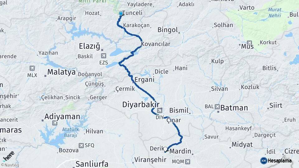Tunceli Derik Mardin Arası Kaç Km - Yol Haritası
