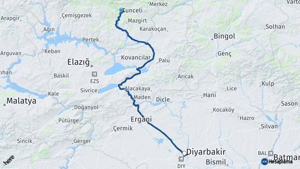 Tunceli Diyarbakır Arası Kaç Km - Yol Haritası