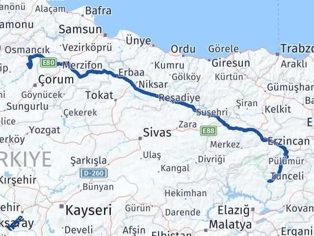 Tunceli Dodurga Çorum Arası Kaç Km - Yol Haritası