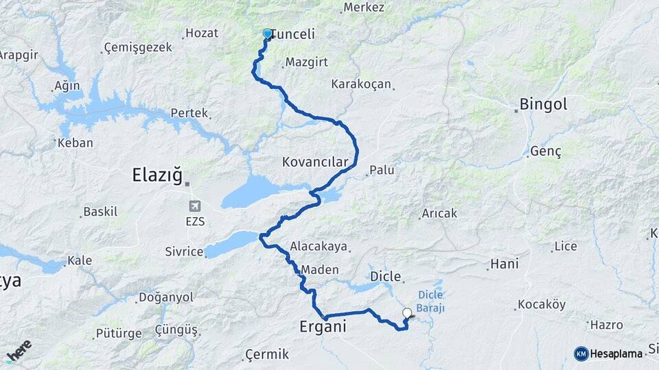 Tunceli Eğil Diyarbakır Arası Kaç Km - Yol Haritası