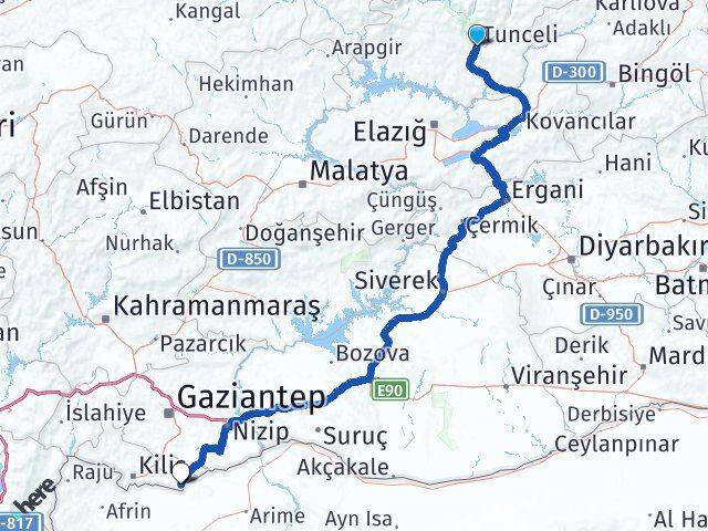 Tunceli Elbeyli Kilis Arası Kaç Km - Yol Haritası