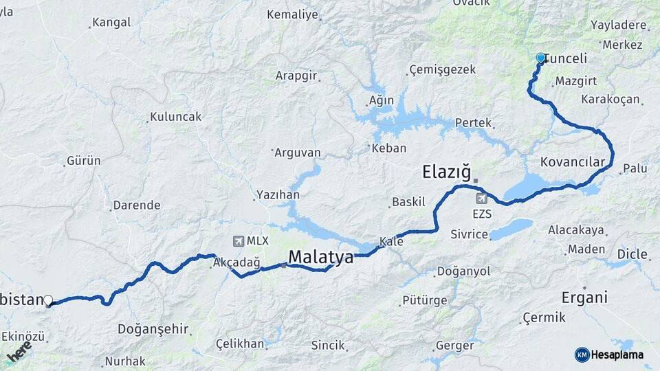 Tunceli Elbistan Kahramanmaraş Arası Kaç Km - Yol Haritası