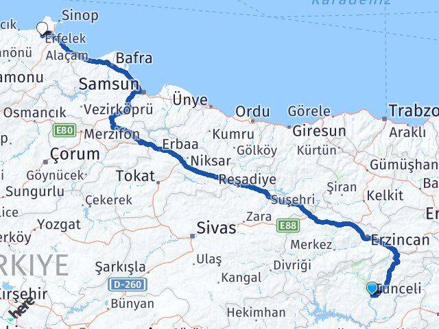 Tunceli Erfelek Sinop Arası Kaç Km - Yol Haritası