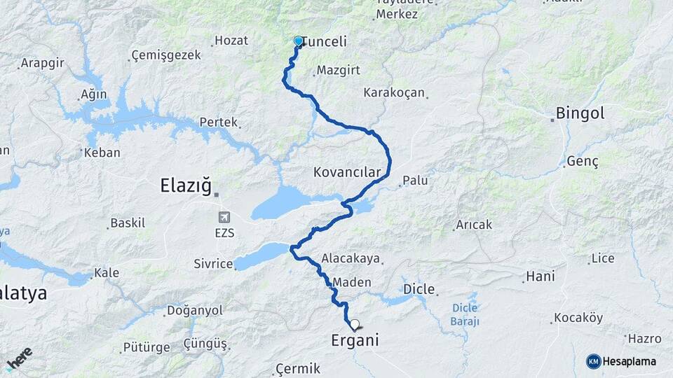 Tunceli Ergani Diyarbakır Arası Kaç Km - Yol Haritası