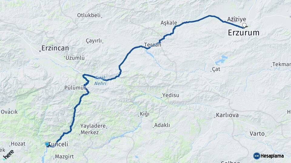 Tunceli Erzurum Arası Kaç Km - Yol Haritası