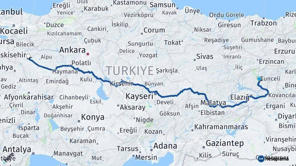 Tunceli Eskişehir Arası Kaç Km - Yol Haritası