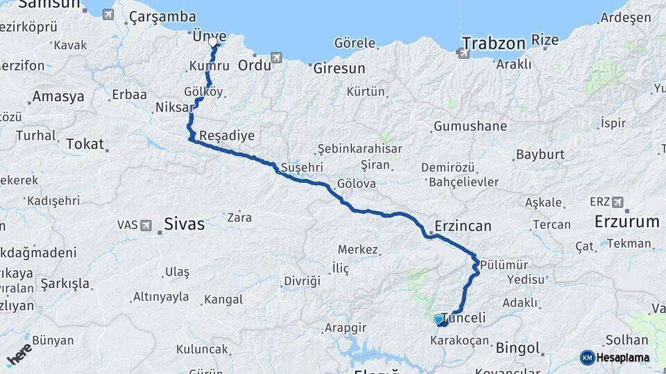 Tunceli Fatsa Ordu Arası Kaç Km - Yol Haritası
