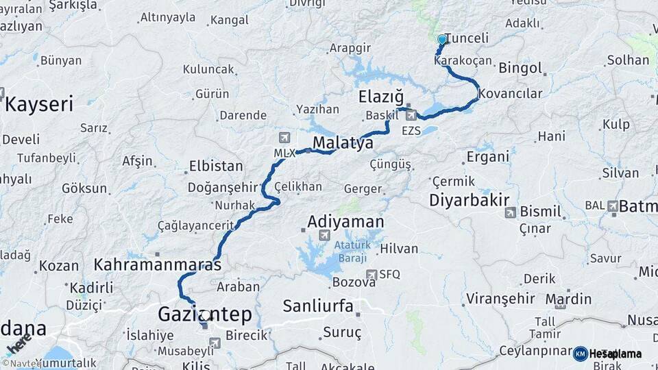 Tunceli Gaziantep Arası Kaç Km - Yol Haritası