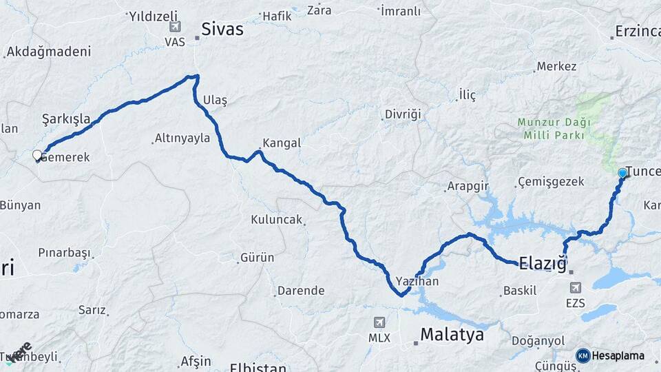 Tunceli Gemerek Sivas Arası Kaç Km - Yol Haritası