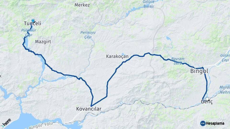 Tunceli Genç Bingöl Arası Kaç Km - Yol Haritası