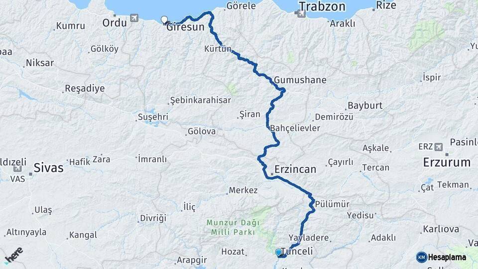 Tunceli Giresun Arası Kaç Km - Yol Haritası