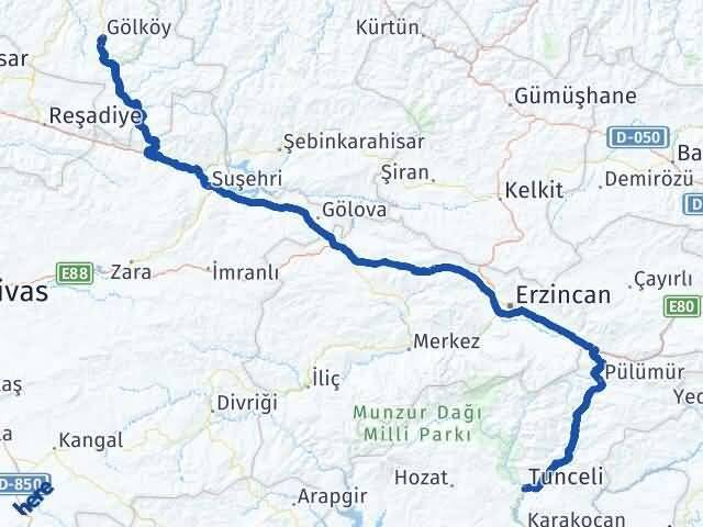 Tunceli Gölköy Ordu Arası Kaç Km - Yol Haritası