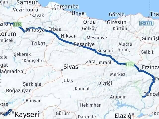 Tunceli Gümüşhacıköy Amasya Arası Kaç Km - Yol Haritası