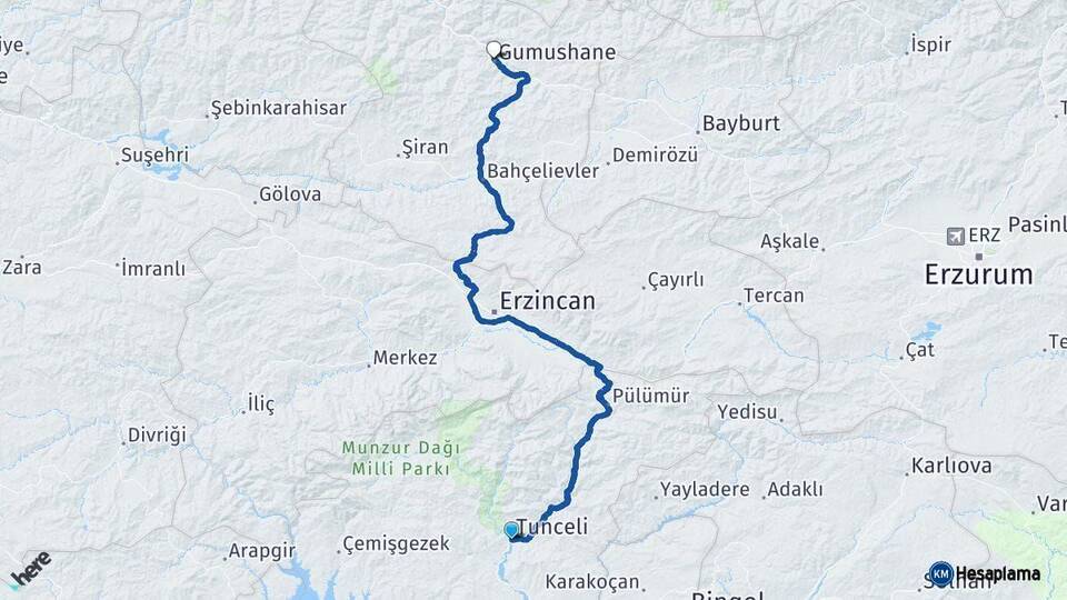 Tunceli Gümüşhane Arası Kaç Km - Yol Haritası