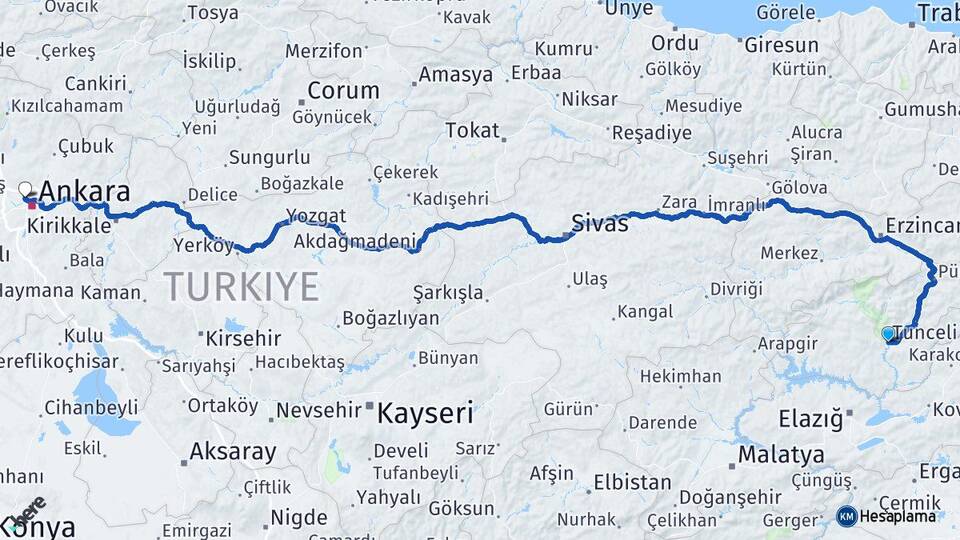 Tunceli Güzelyaka Yenimahalle Ankara Arası Kaç Km - Yol Haritası