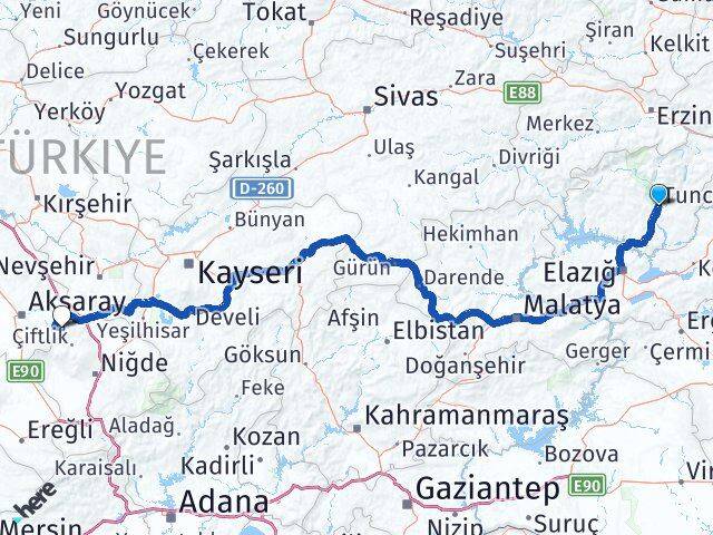 Tunceli Güzelyurt Aksaray Arası Kaç Km - Yol Haritası