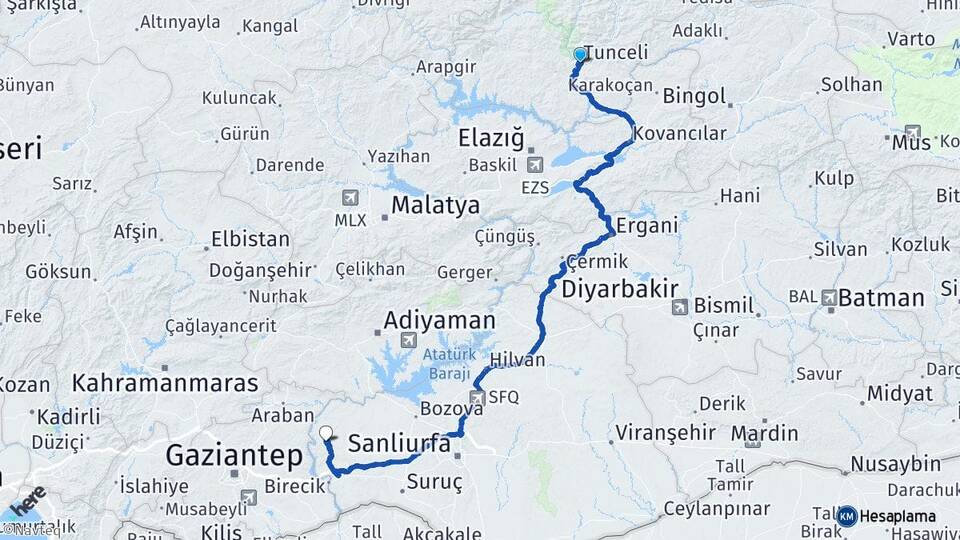 Tunceli Halfeti Şanlıurfa Arası Kaç Km - Yol Haritası