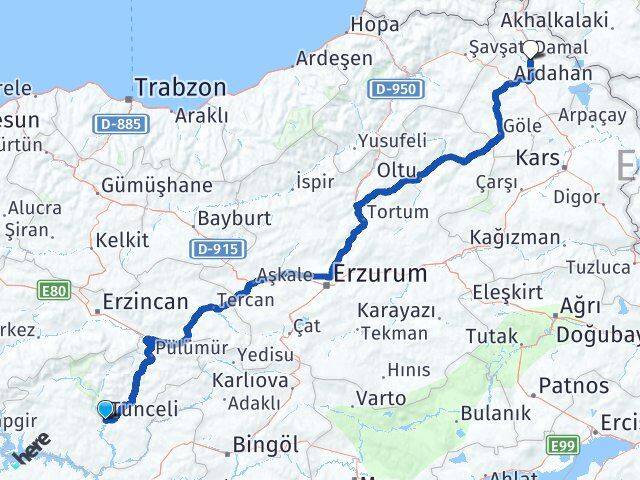 Tunceli Hanak Ardahan Arası Kaç Km - Yol Haritası