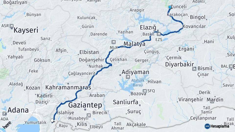 Tunceli Hassa Hatay Arası Kaç Km - Yol Haritası