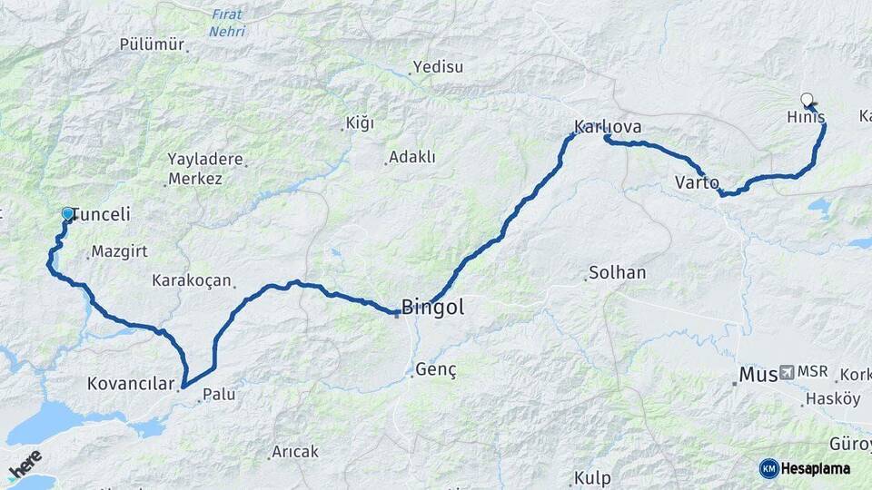 Tunceli Hınıs Erzurum Arası Kaç Km - Yol Haritası