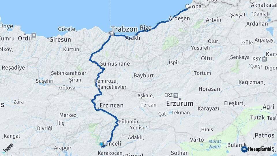 Tunceli Hopa Artvin Arası Kaç Km - Yol Haritası