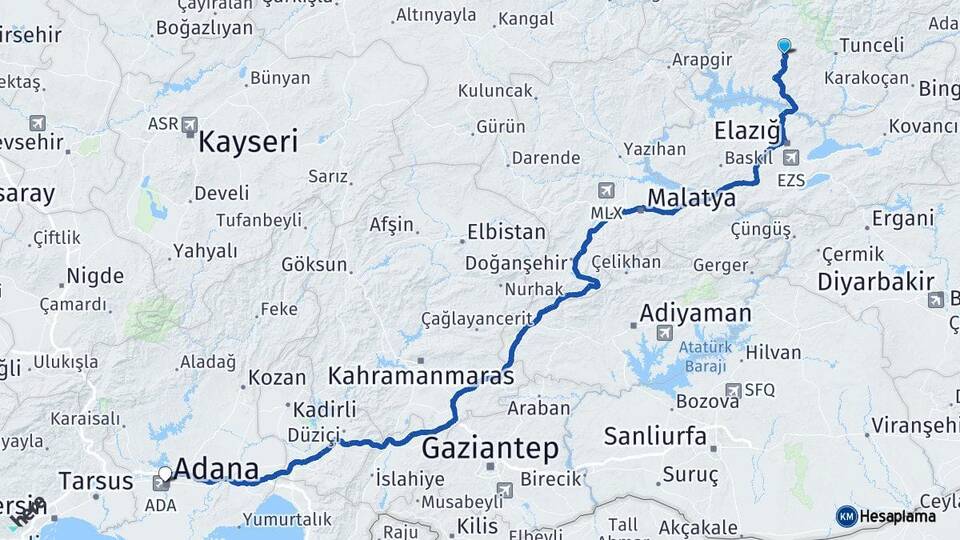 Tunceli Hozat Adana Arası Kaç Km - Yol Haritası
