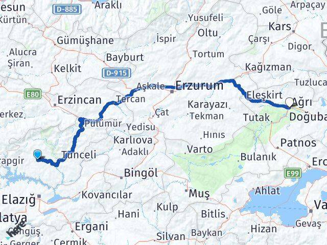 Tunceli Hozat Ağrı Arası Kaç Km - Yol Haritası
