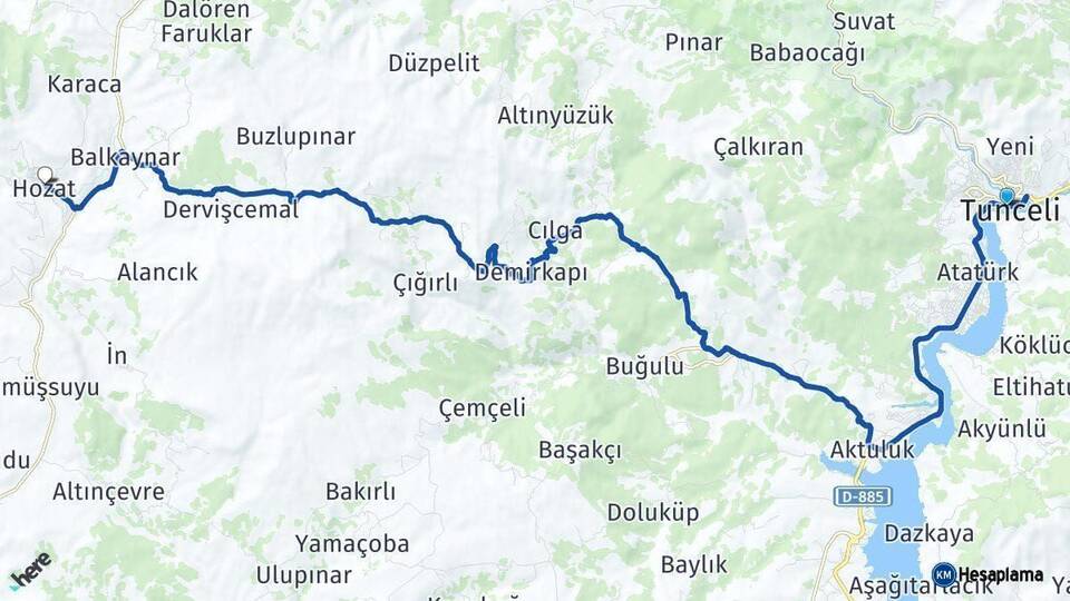 Tunceli Hozat Arası Kaç Km - Yol Haritası