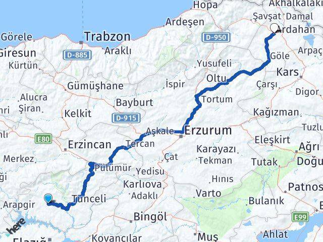 Tunceli Hozat Ardahan Arası Kaç Km - Yol Haritası