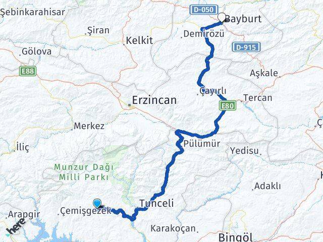 Tunceli Hozat Bayburt Arası Kaç Km - Yol Haritası