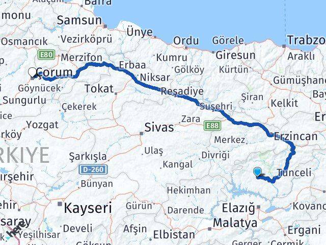 Tunceli Hozat Çorum Arası Kaç Km - Yol Haritası