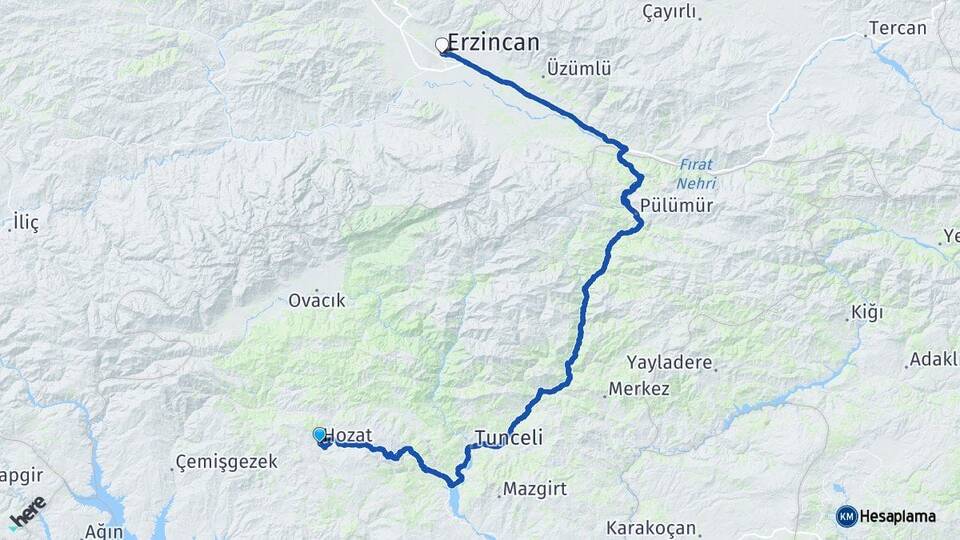 Tunceli Hozat Erzincan Arası Kaç Km - Yol Haritası