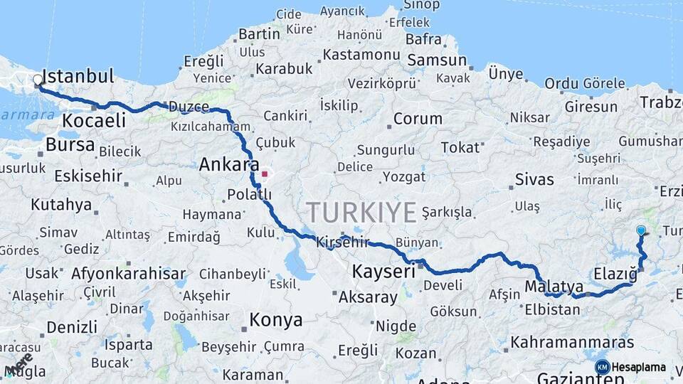 Tunceli Hozat İstanbul Arası Kaç Km - Yol Haritası
