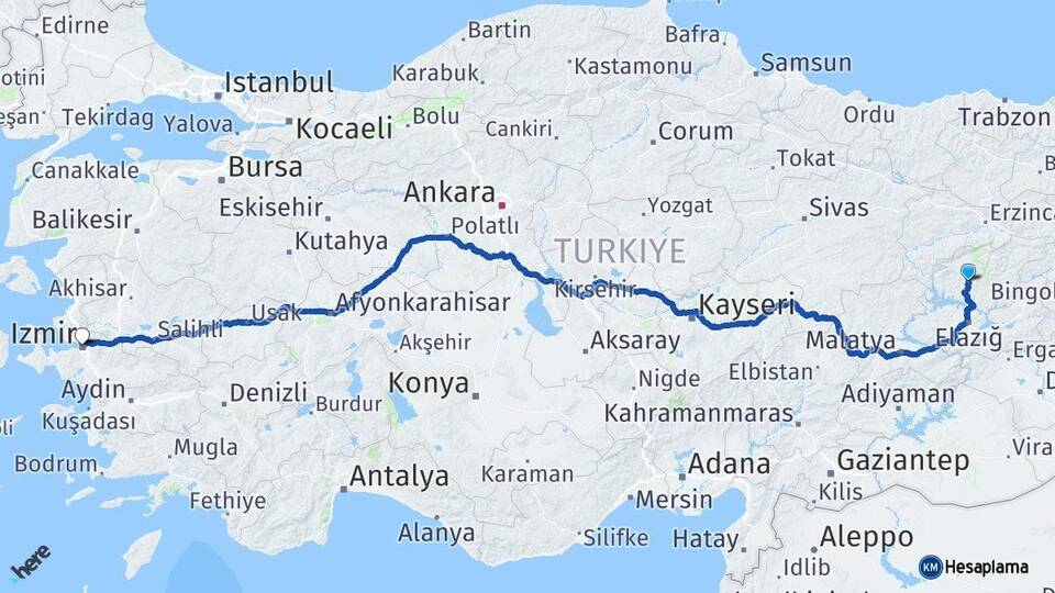 Tunceli Hozat İzmir Arası Kaç Km - Yol Haritası