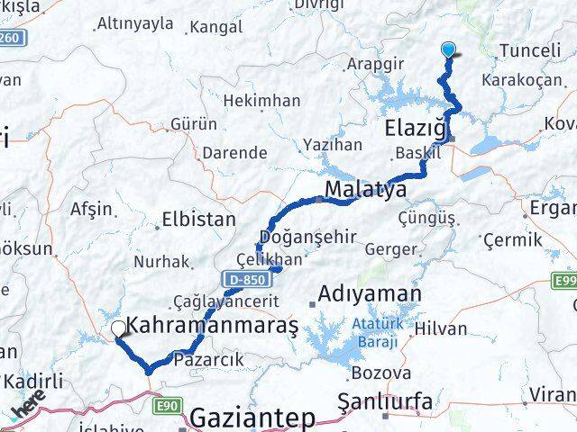 Tunceli Hozat Kahramanmaraş Arası Kaç Km - Yol Haritası