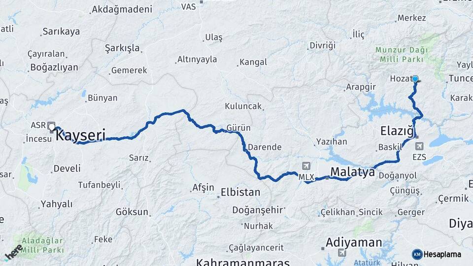 Tunceli Hozat Kayseri Arası Kaç Km - Yol Haritası