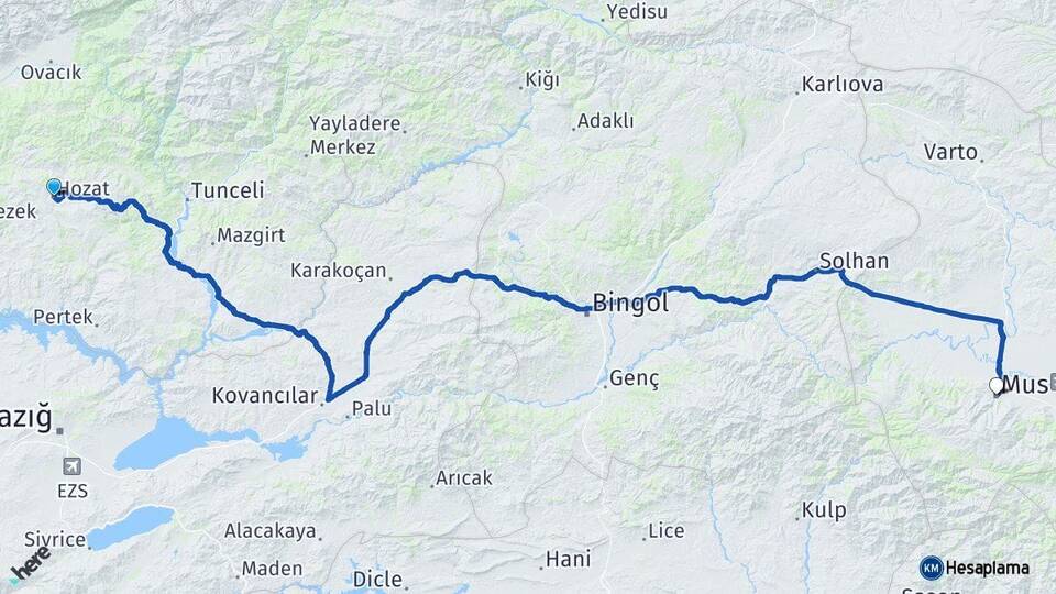 Tunceli Hozat Muş Arası Kaç Km - Yol Haritası