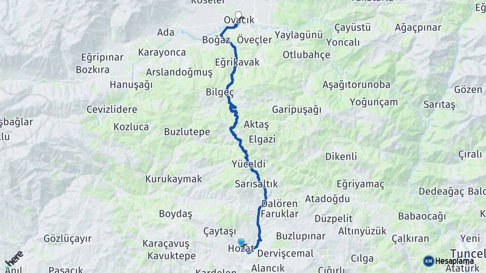 Tunceli Hozat Ovacık Arası Kaç Km - Yol Haritası