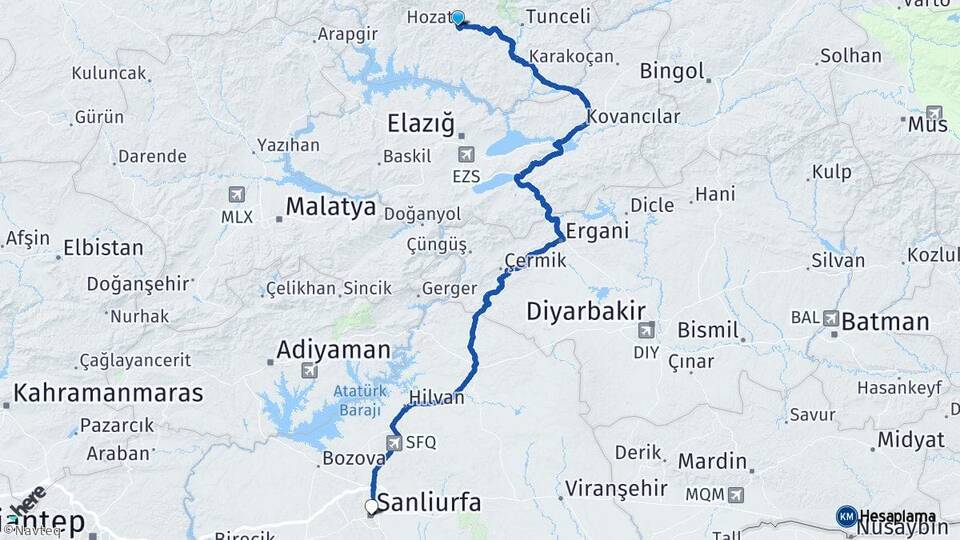 Tunceli Hozat Şanlıurfa Arası Kaç Km - Yol Haritası