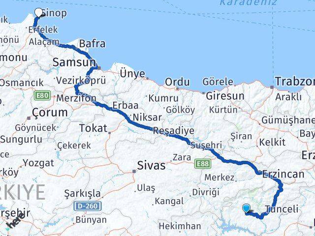 Tunceli Hozat Sinop Arası Kaç Km - Yol Haritası
