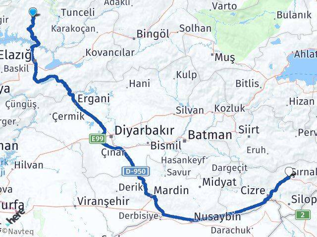 Tunceli Hozat Şırnak Arası Kaç Km - Yol Haritası