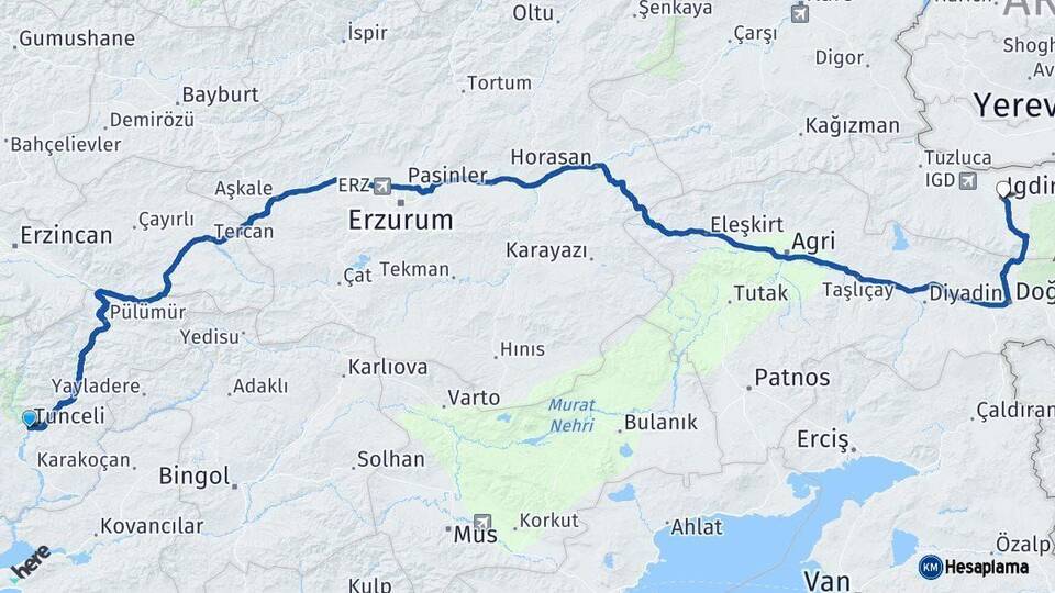 Tunceli Iğdır Arası Kaç Km - Yol Haritası