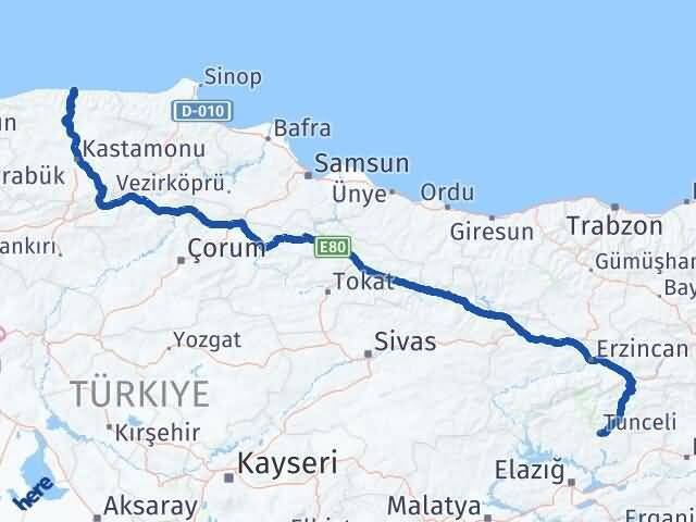 Tunceli İnebolu Kastamonu Arası Kaç Km - Yol Haritası