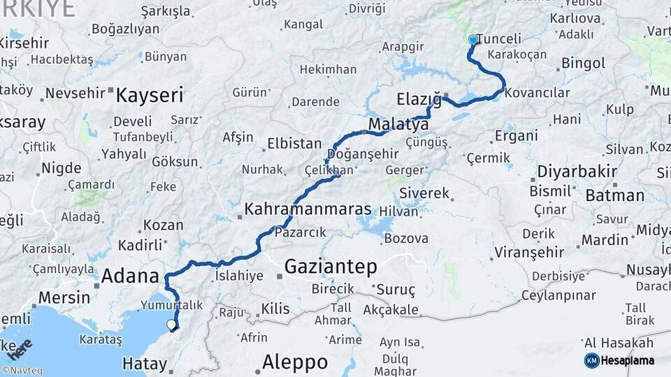 Tunceli İskenderun Hatay Arası Kaç Km - Yol Haritası