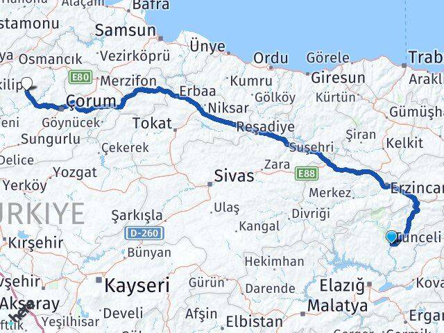 Tunceli İskilip Çorum Arası Kaç Km - Yol Haritası