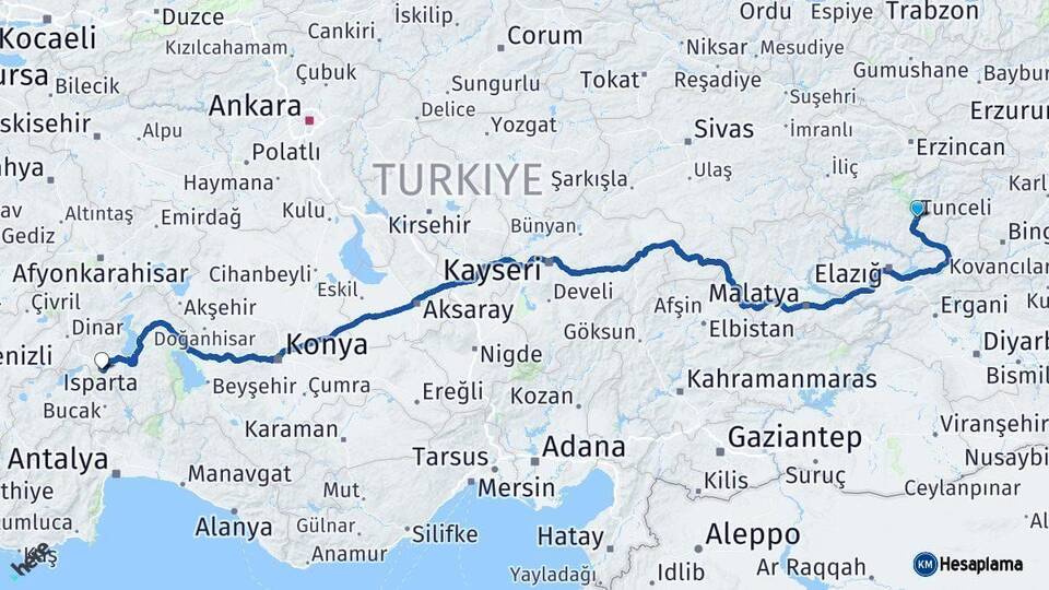 Tunceli Isparta Arası Kaç Km - Yol Haritası