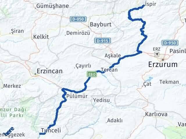 Tunceli İspir Erzurum Arası Kaç Km - Yol Haritası