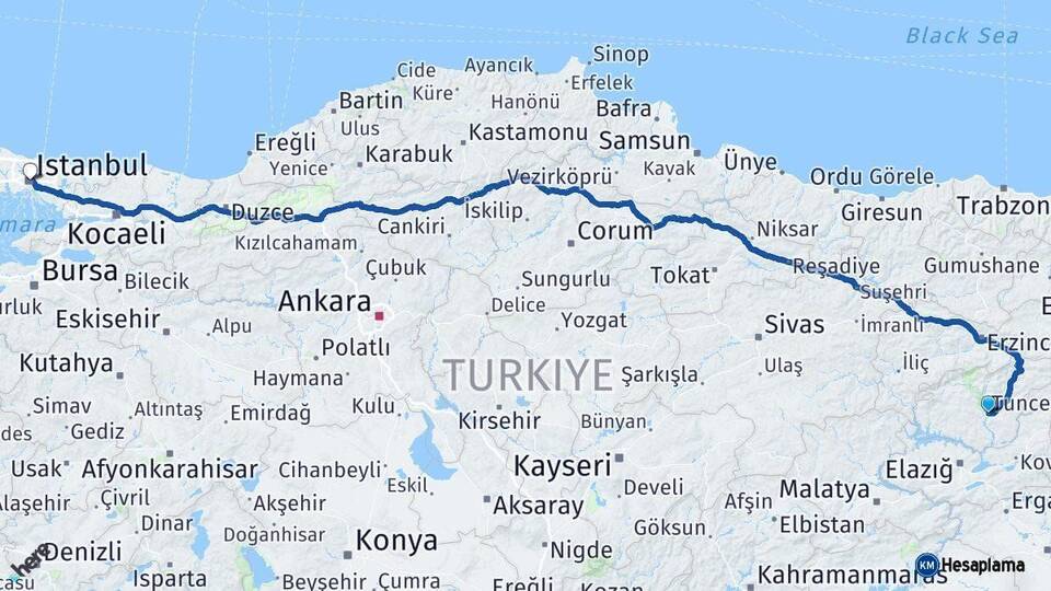 Tunceli İstanbul Arası Kaç Km - Yol Haritası