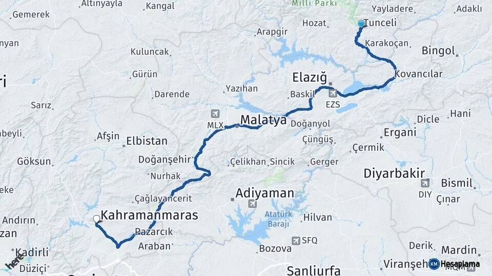 Tunceli Kahramanmaraş Arası Kaç Km - Yol Haritası